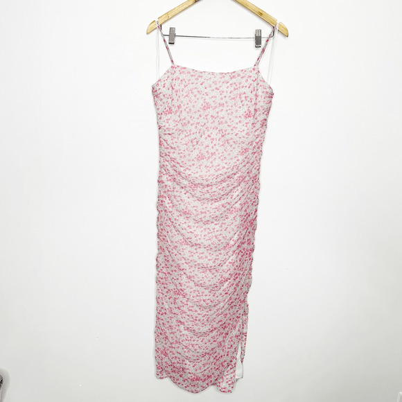 BARDOT DITSY ROUCHED MIDI DRESS IN PINK ICING floral womens 10 Large - Picture 4 of 10